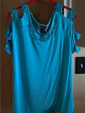 Slinky Brand Turquoise Sequin Cold-Shoulder Tank
